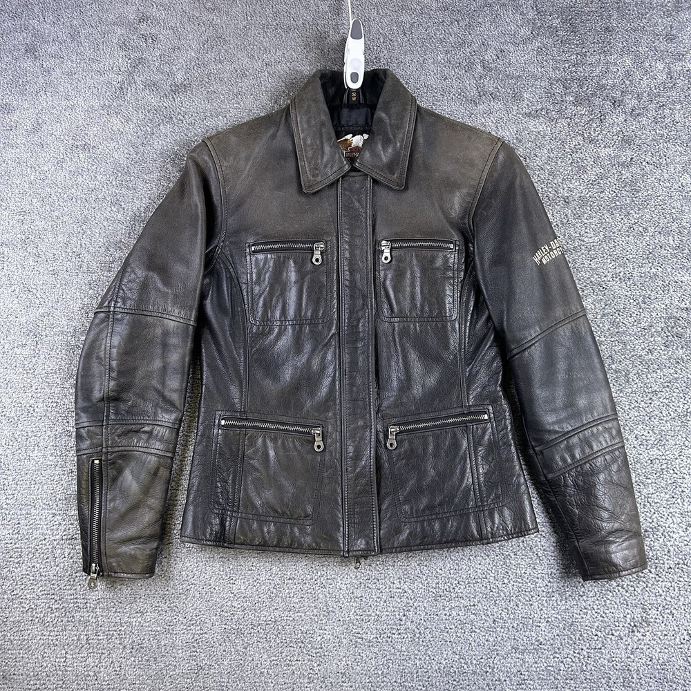 Harley Davidson Women's Burnt Leather Motorcycle Jacket Size S Moto Distressed